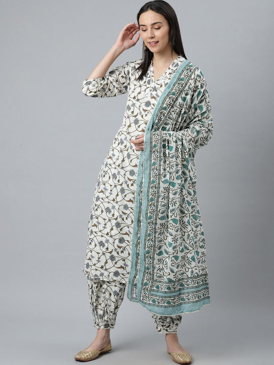 Women White Floral Printed Pure Cotton Kurta with Salwar & With Dupatta