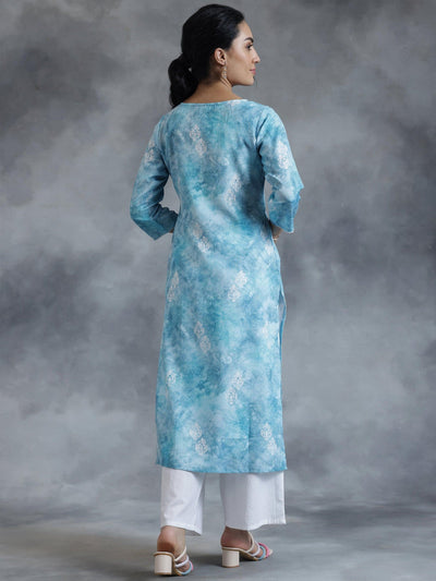 Blue Printed Cotton Straight Kurta