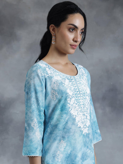 Blue Printed Cotton Straight Kurta