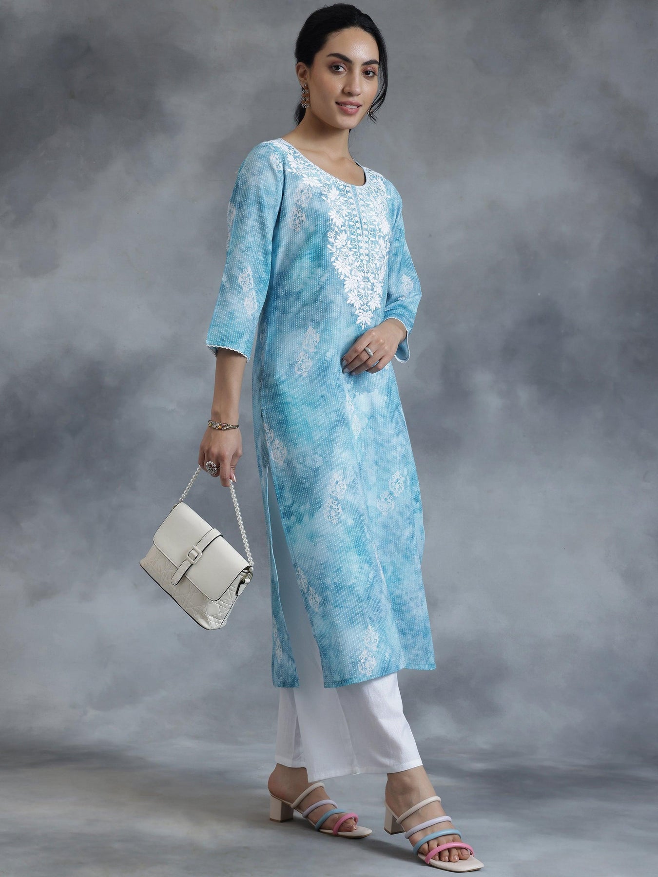 Blue Printed Cotton Straight Kurta