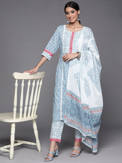 Women Blue Floral Printed Pure Cotton Kurta with Trousers & With Dupatta