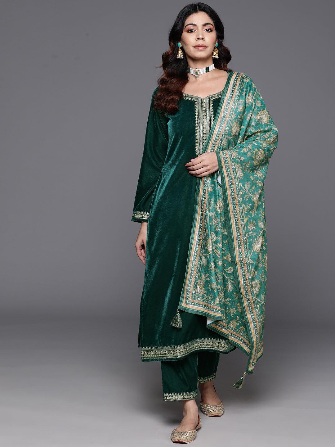 Green Yoke Design Velvet Straight Suit With Dupatta