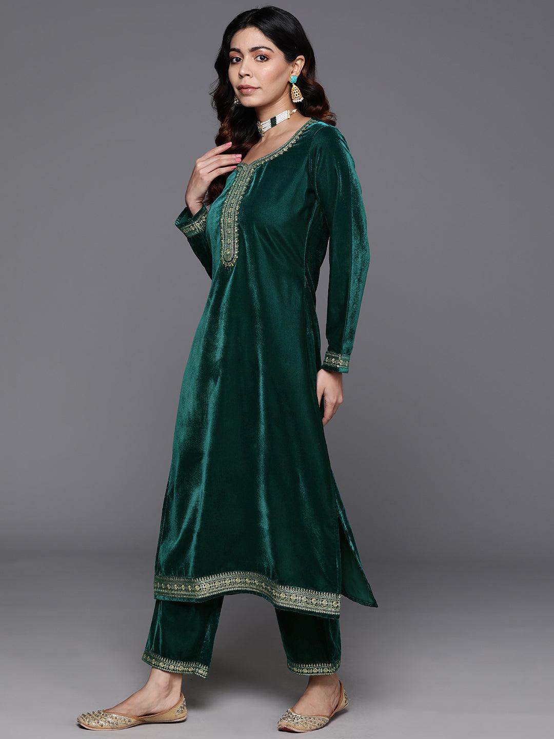 Green Yoke Design Velvet Straight Suit With Dupatta