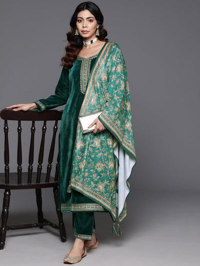 Green Yoke Design Velvet Straight Suit With Dupatta