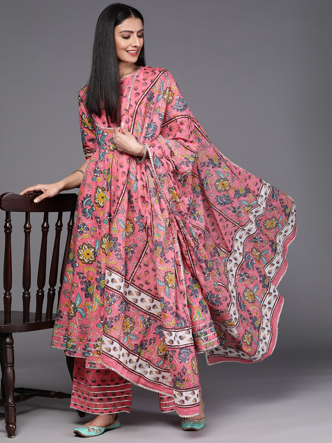 Women Pink Floral Printed Panelled Pure Cotton Kurta with Palazzos & With Dupatta