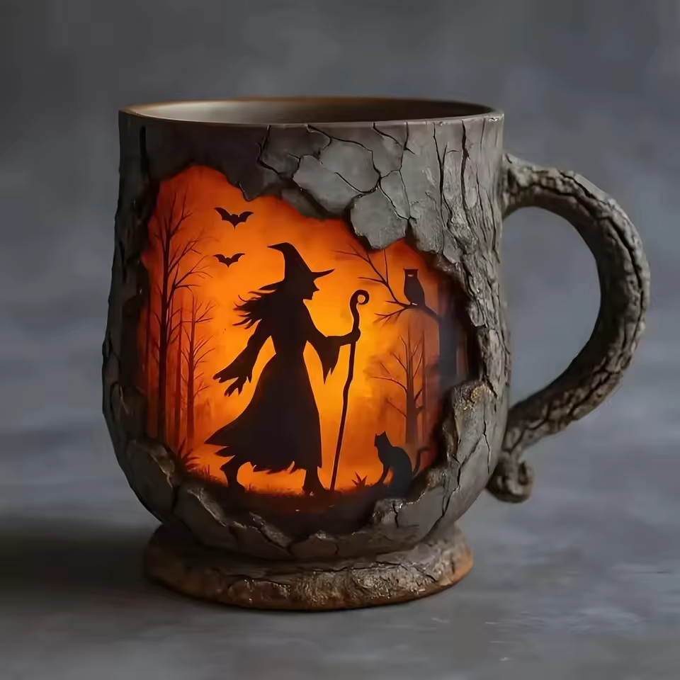 Lampada Decorativa Premium – Handcrafted 3D Halloween Mug – Witch and Cat Design