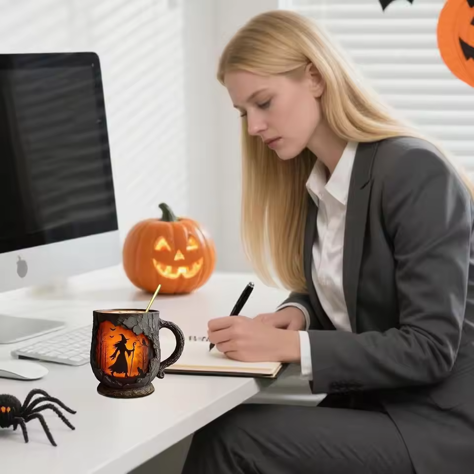 Lampada Decorativa Premium – Artisan 3D Halloween Mug – Featuring Witch and Cat Design