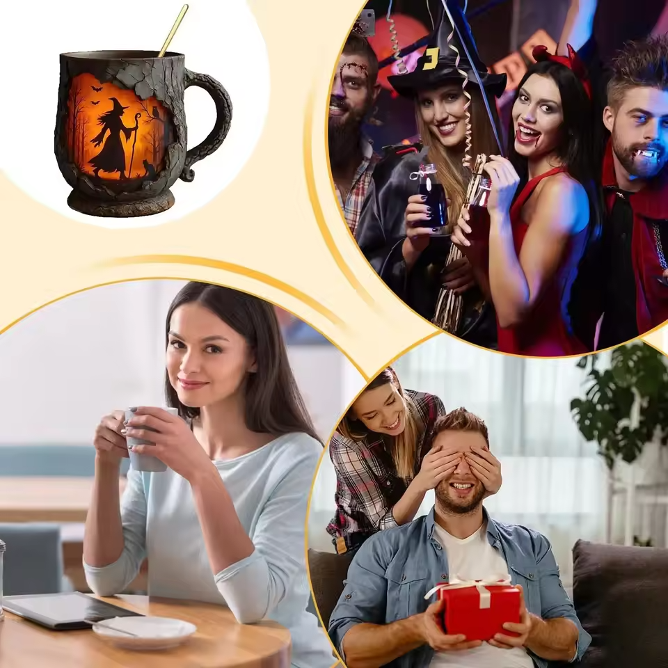 Lampada Decorativa Premium – Handcrafted 3D Halloween Mug – Witch and Cat Design