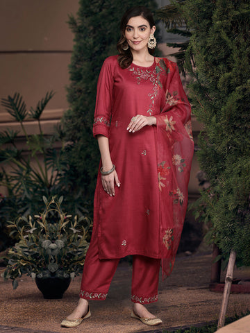 Indo Era Maroon Floral Embroidered Thread Work Kurta with Trousers & Dupatta