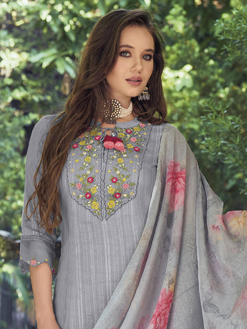 Grey & Red Floral Embroidered Regular Pure Cotton Kurta With Trousers & Dupatta