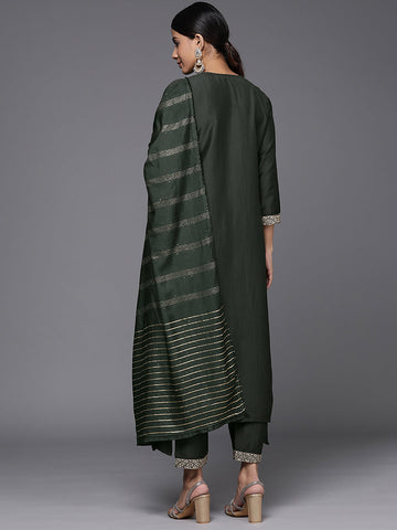 Green Embroidered A-Line Kurta Trousers With Dupatta Set