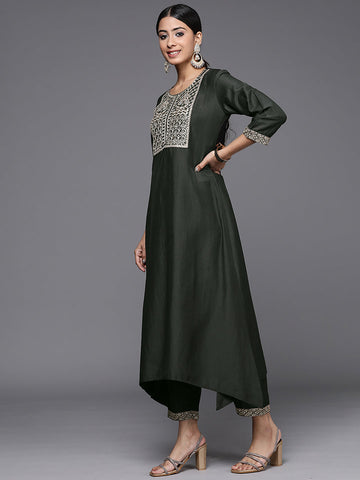 Green Embroidered A-Line Kurta Trousers With Dupatta Set