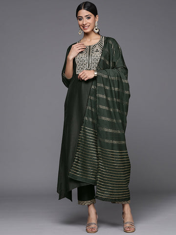 Green Embroidered A-Line Kurta Trousers With Dupatta Set