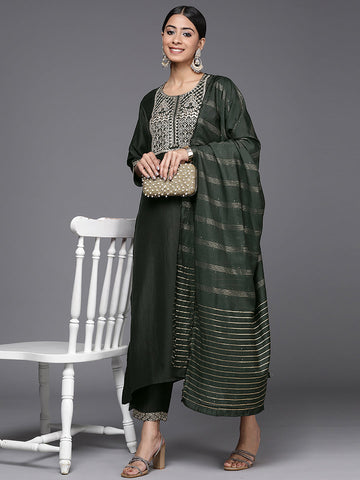 Green Embroidered A-Line Kurta Trousers With Dupatta Set