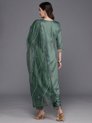 Green Embroidered Straight Kurta Trousers With Dupatta Set