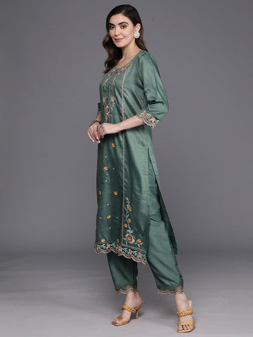 Green Embroidered Straight Kurta Trousers With Dupatta Set