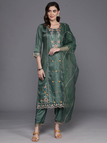 Green Embroidered Straight Kurta Trousers With Dupatta Set