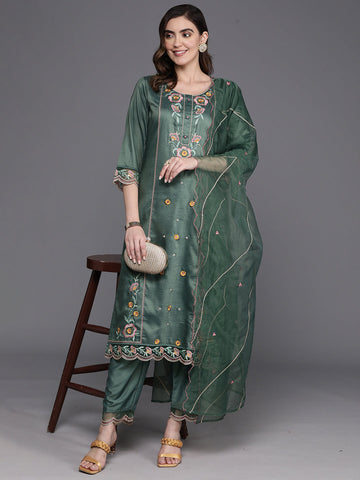 Green Embroidered Straight Kurta Trousers With Dupatta Set