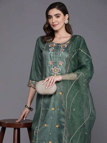 Green Embroidered Straight Kurta Trousers With Dupatta Set