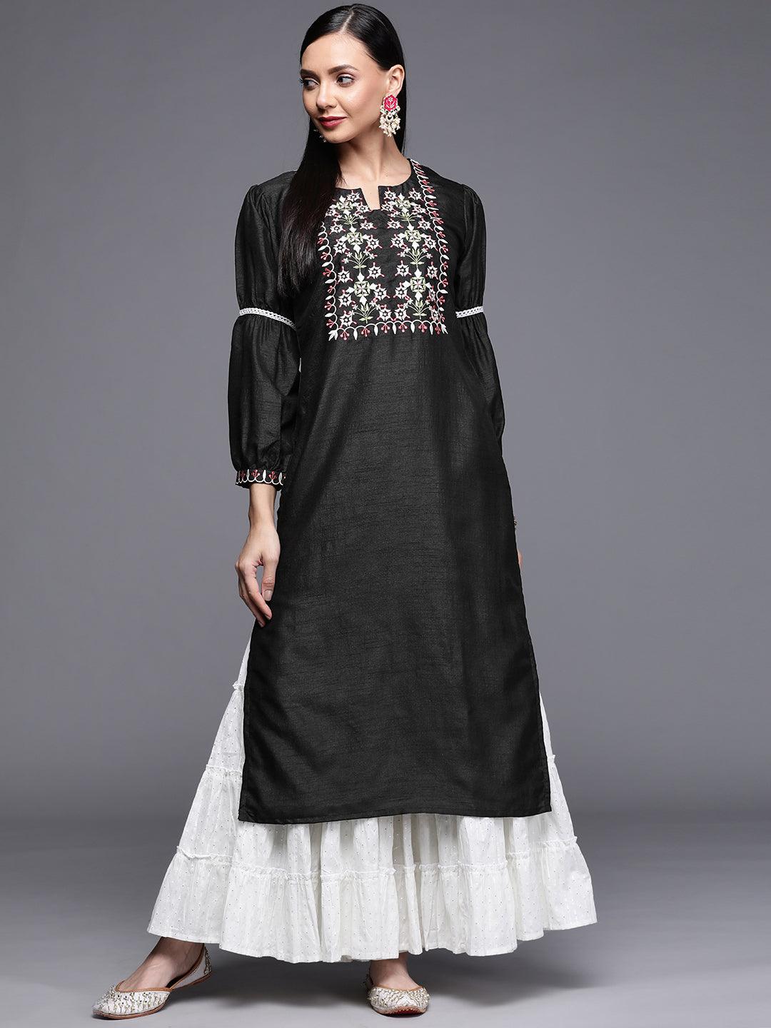 Black Embroidered Chanderi Silk Kurta