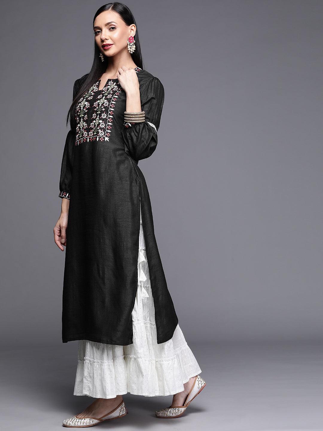 Black Embroidered Chanderi Silk Kurta