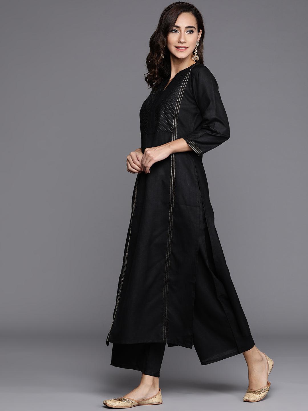 Black Solid Cotton Straight Kurta With Palazzos & Dupatta