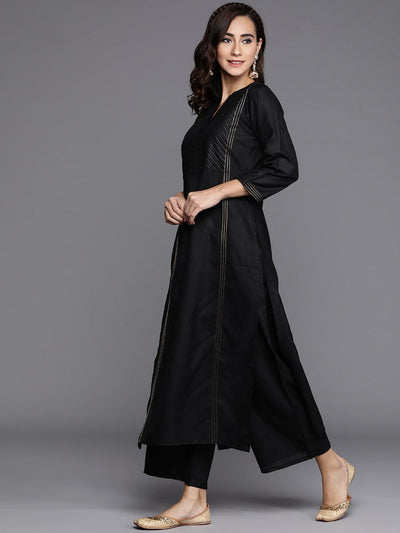 Black Solid Cotton Straight Kurta With Palazzos & Dupatta