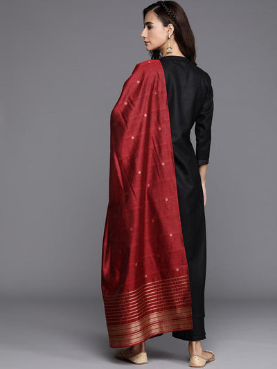 Black Solid Cotton Straight Kurta With Palazzos & Dupatta