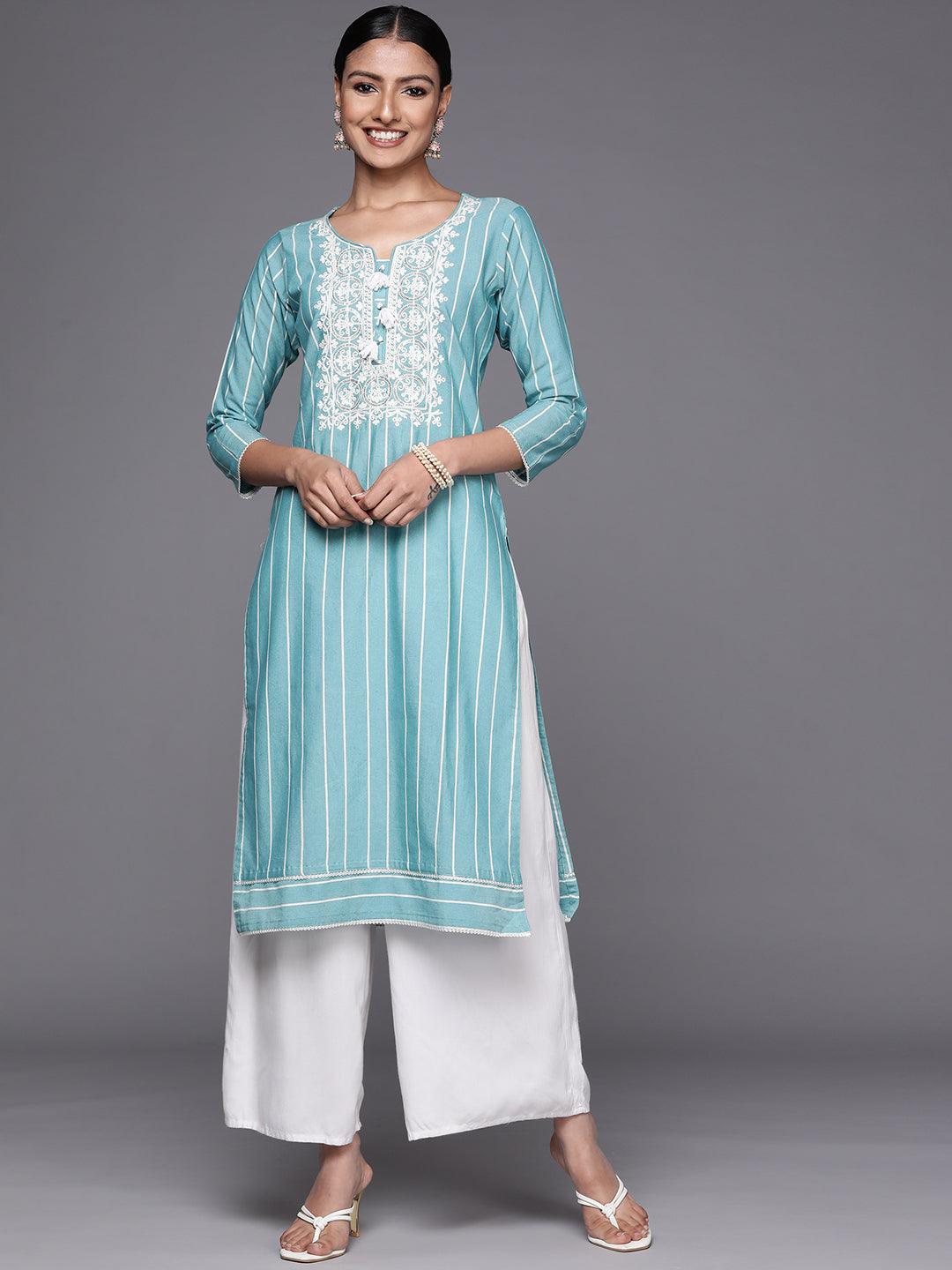 Blue Embroidered Cotton Straight Kurta