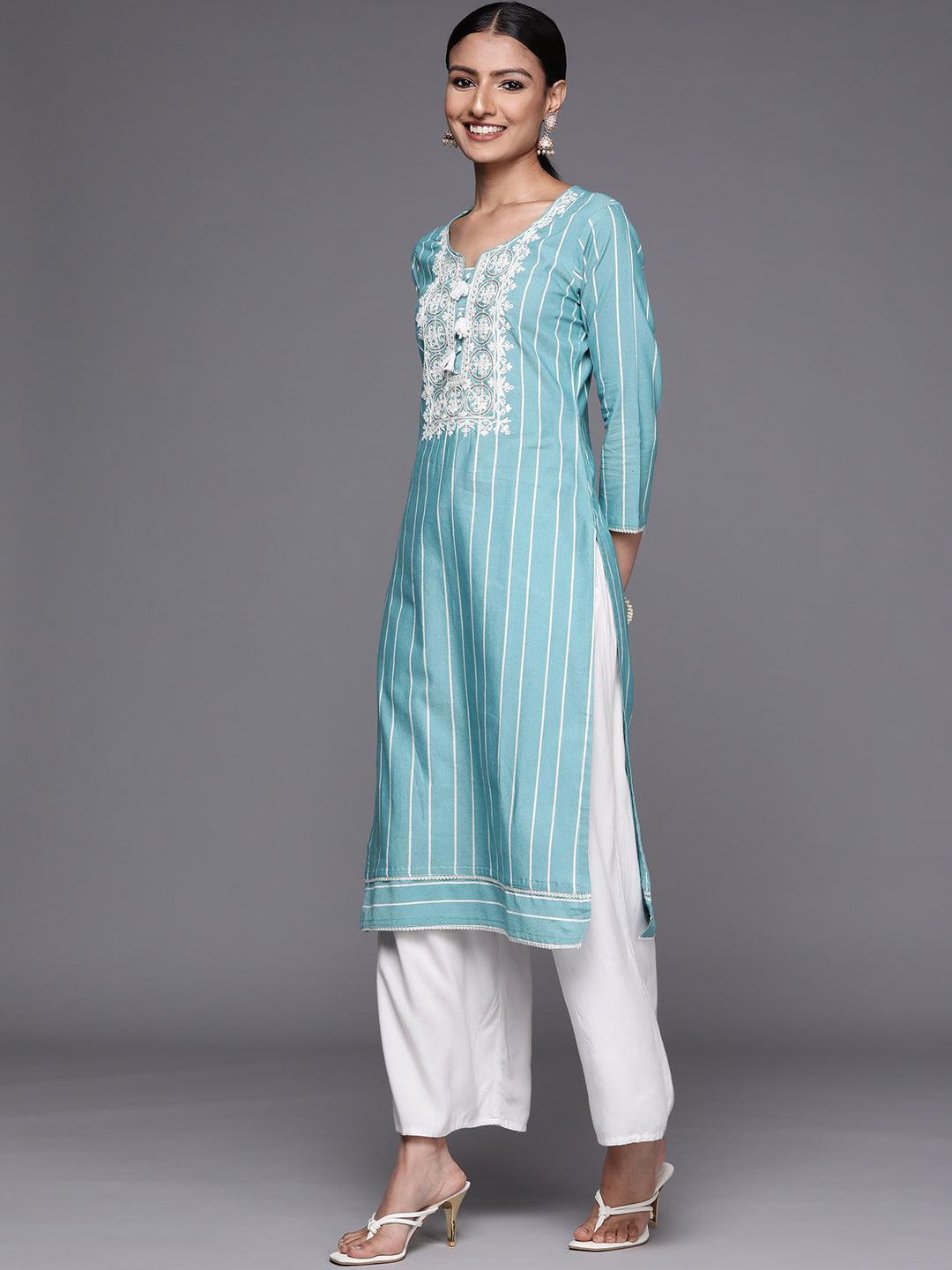 Blue Embroidered Cotton Straight Kurta