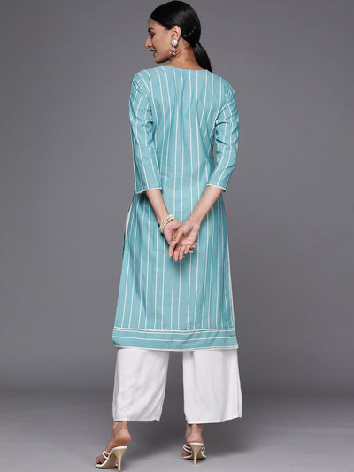 Blue Embroidered Cotton Straight Kurta