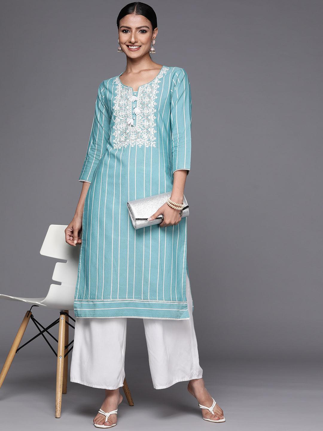 Blue Embroidered Cotton Straight Kurta