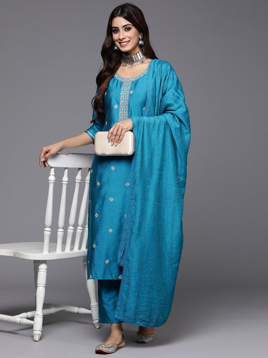 Blue Embroidered Silk Blend Straight Suit With Dupatta