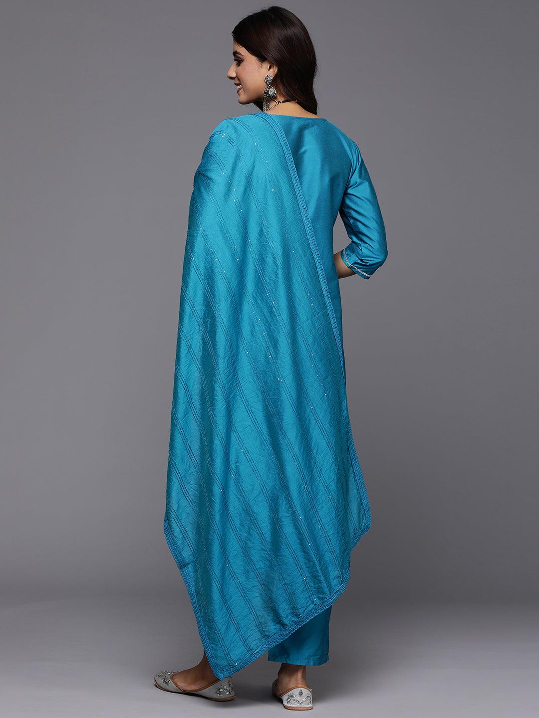 Blue Embroidered Silk Blend Straight Suit With Dupatta