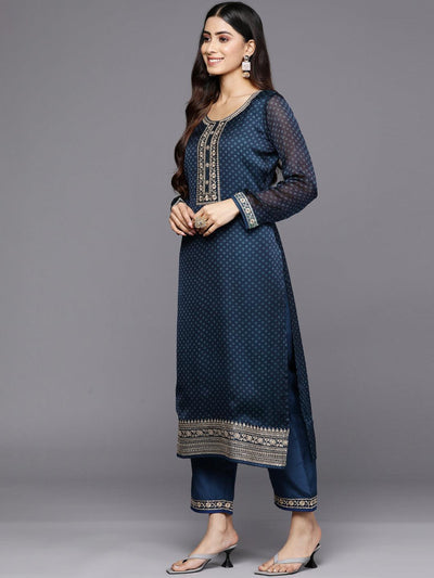 Blue Printed Chiffon Straight Kurta With Trousers & Dupatta