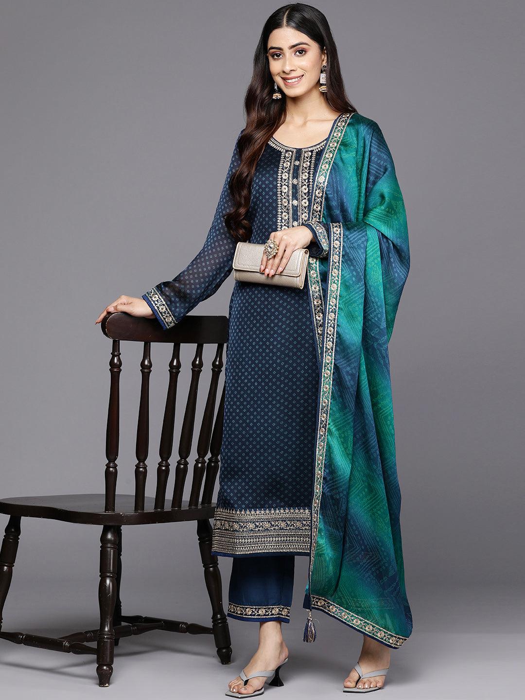 Blue Printed Chiffon Straight Kurta With Trousers & Dupatta