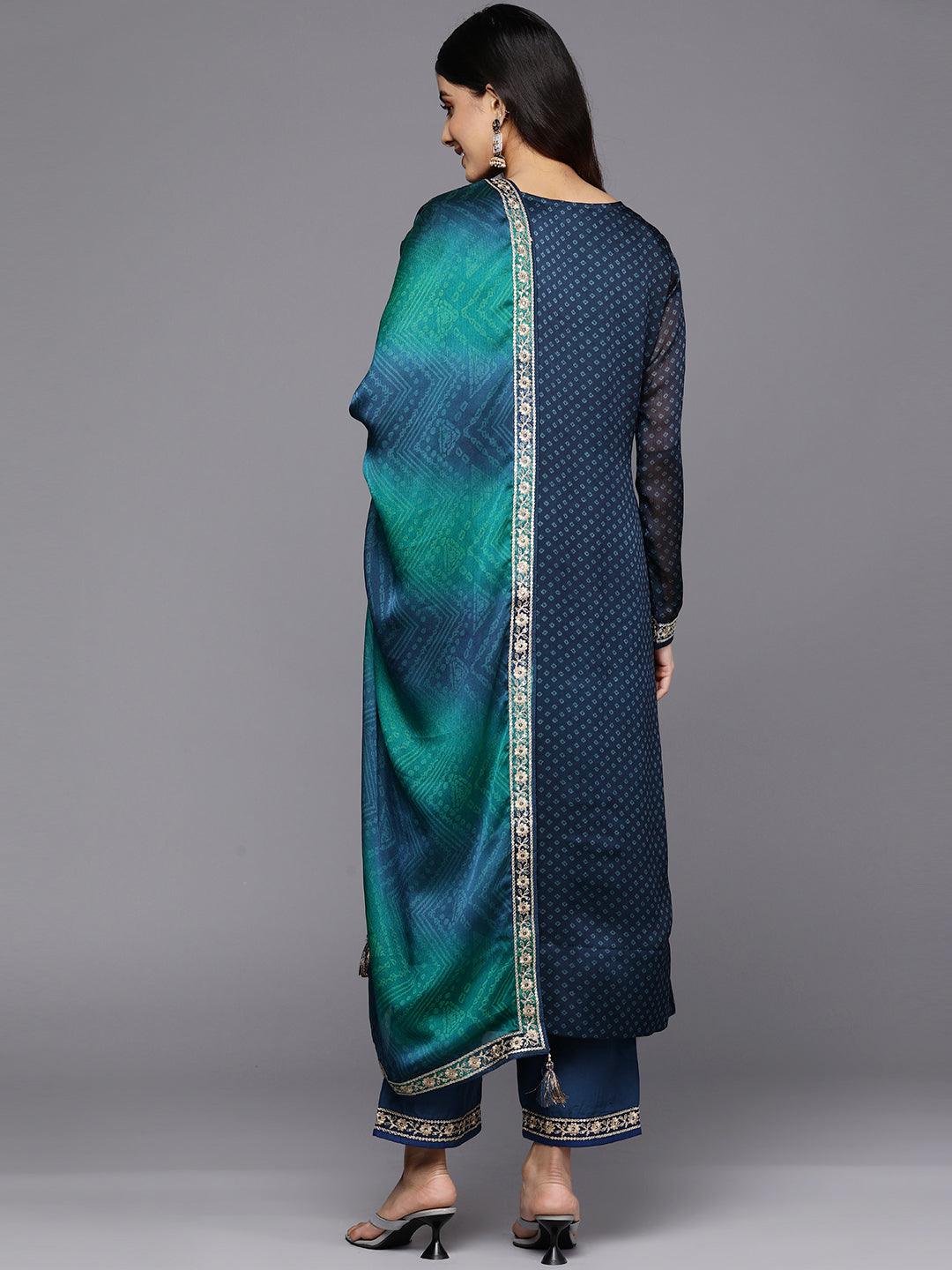 Blue Printed Chiffon Straight Kurta With Trousers & Dupatta