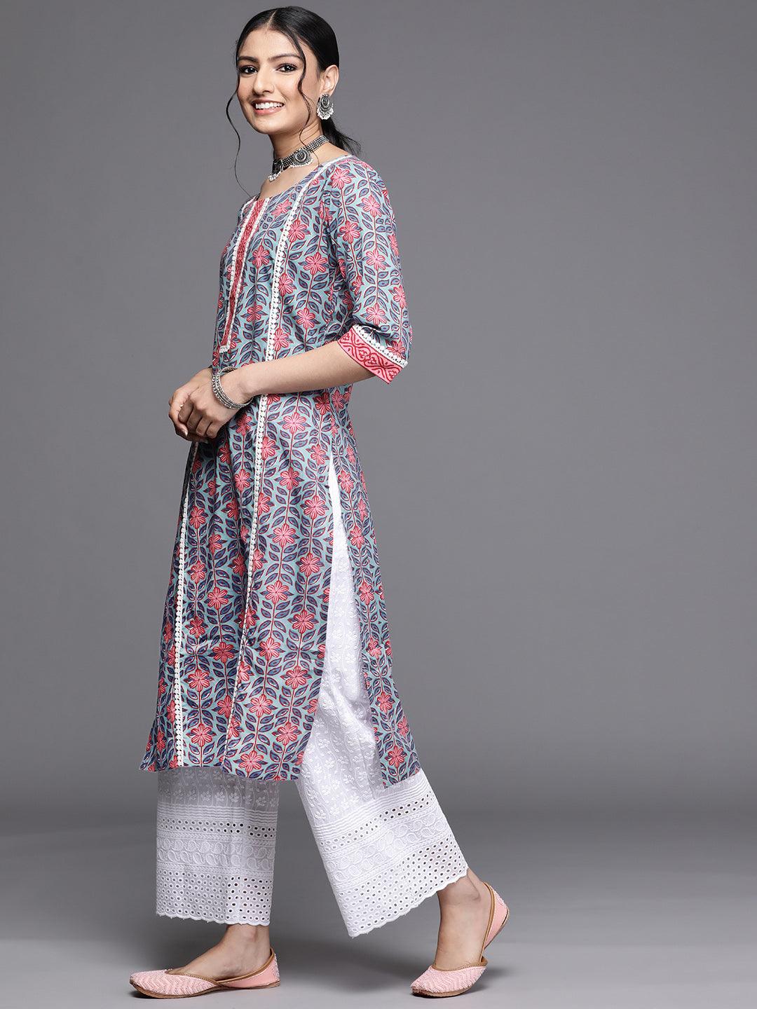 Blue Printed Cotton Kurta