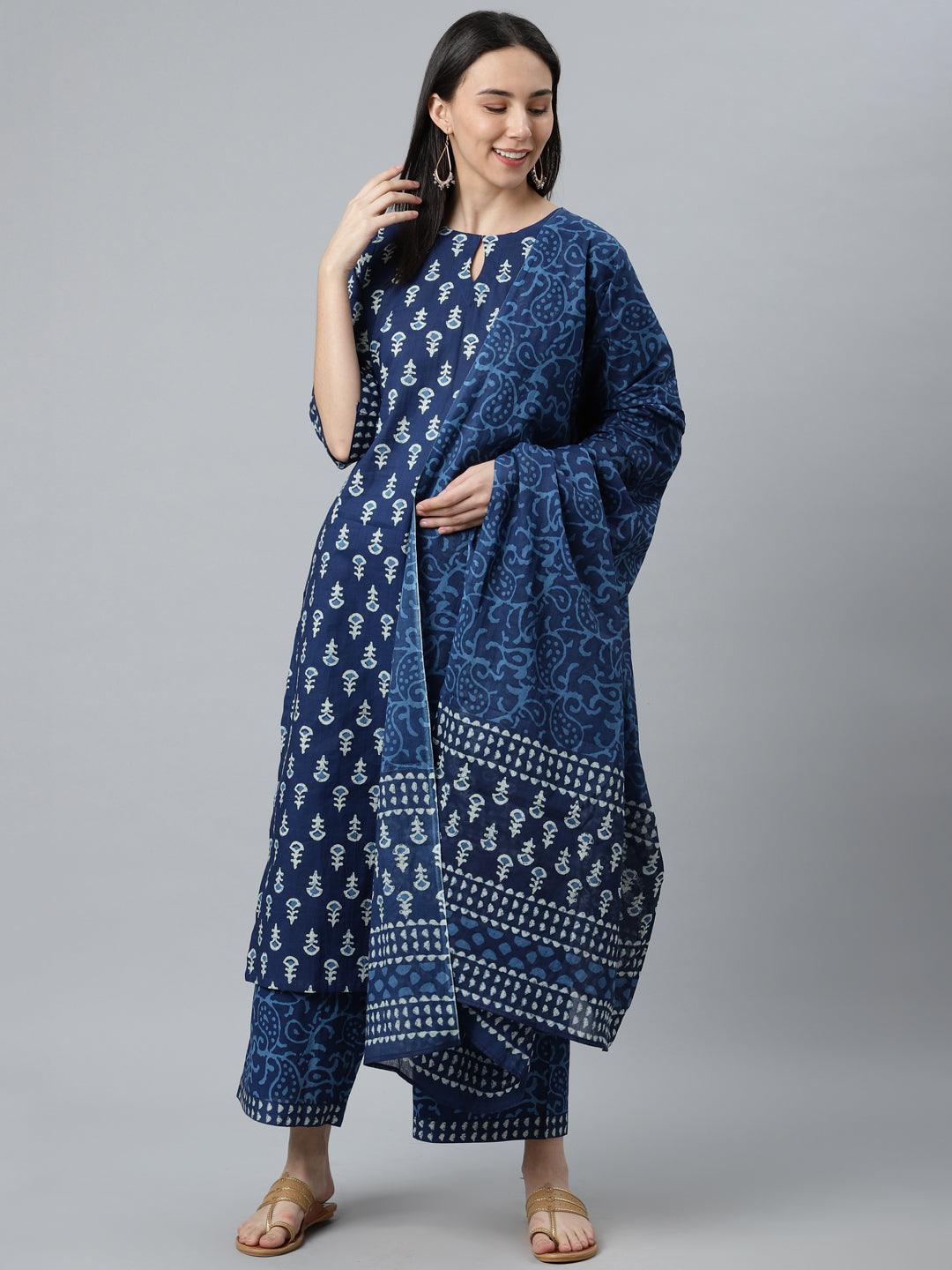 Blue Printed Cotton Straight Kurta With Palazzos & Dupatta