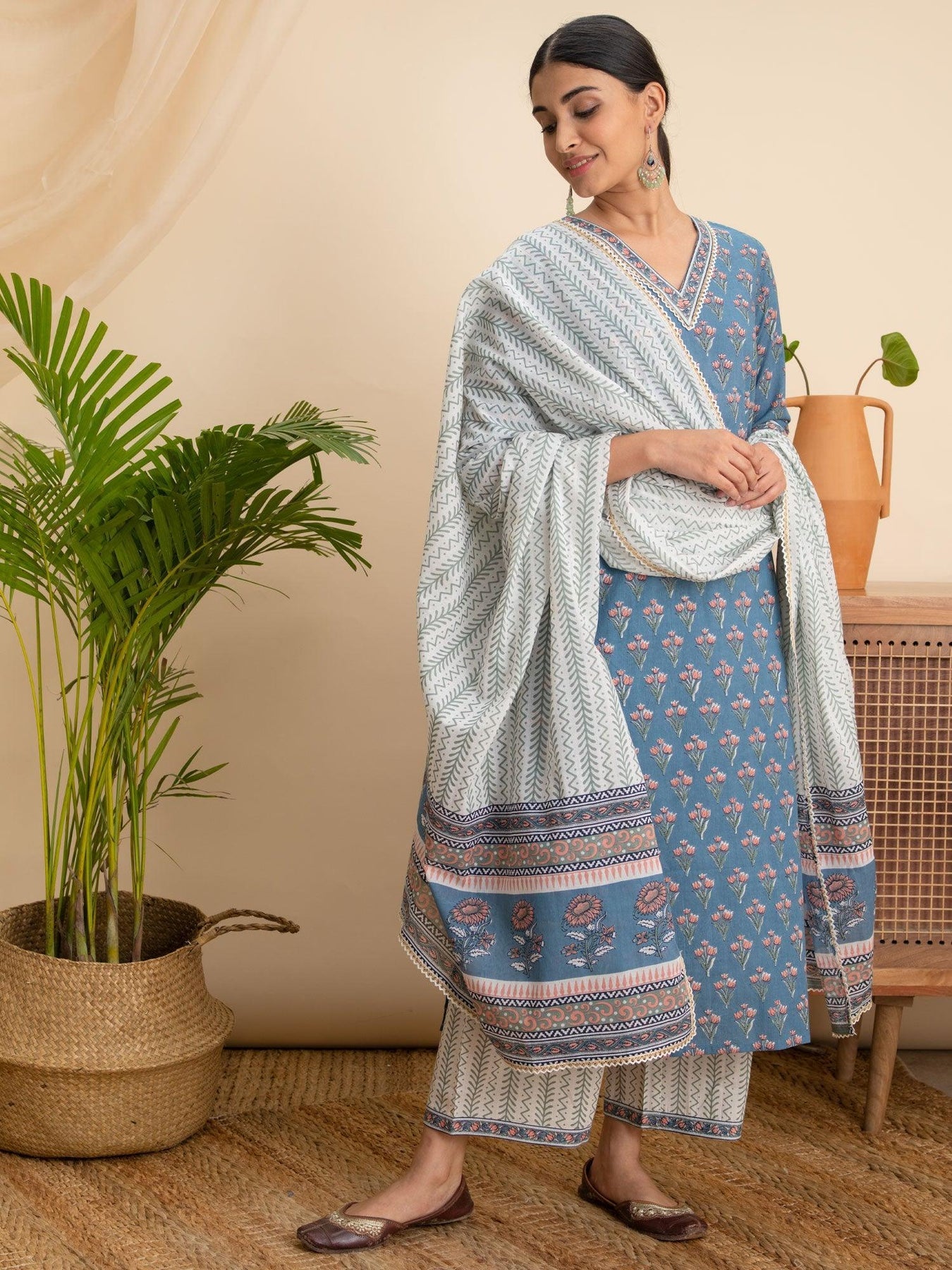 Blue Printed Cotton Straight Kurta With Palazzos & Dupatta