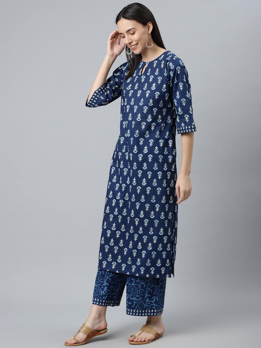 Blue Printed Cotton Straight Kurta With Palazzos & Dupatta