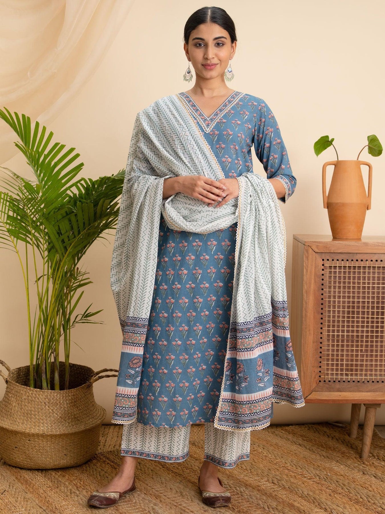 Blue Printed Cotton Straight Kurta With Palazzos & Dupatta