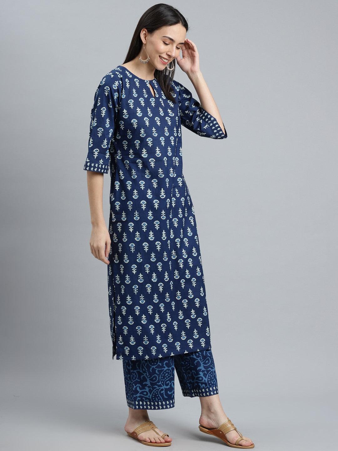 Blue Printed Cotton Straight Kurta With Palazzos & Dupatta