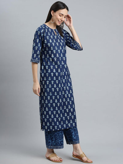 Blue Printed Cotton Straight Kurta With Palazzos & Dupatta