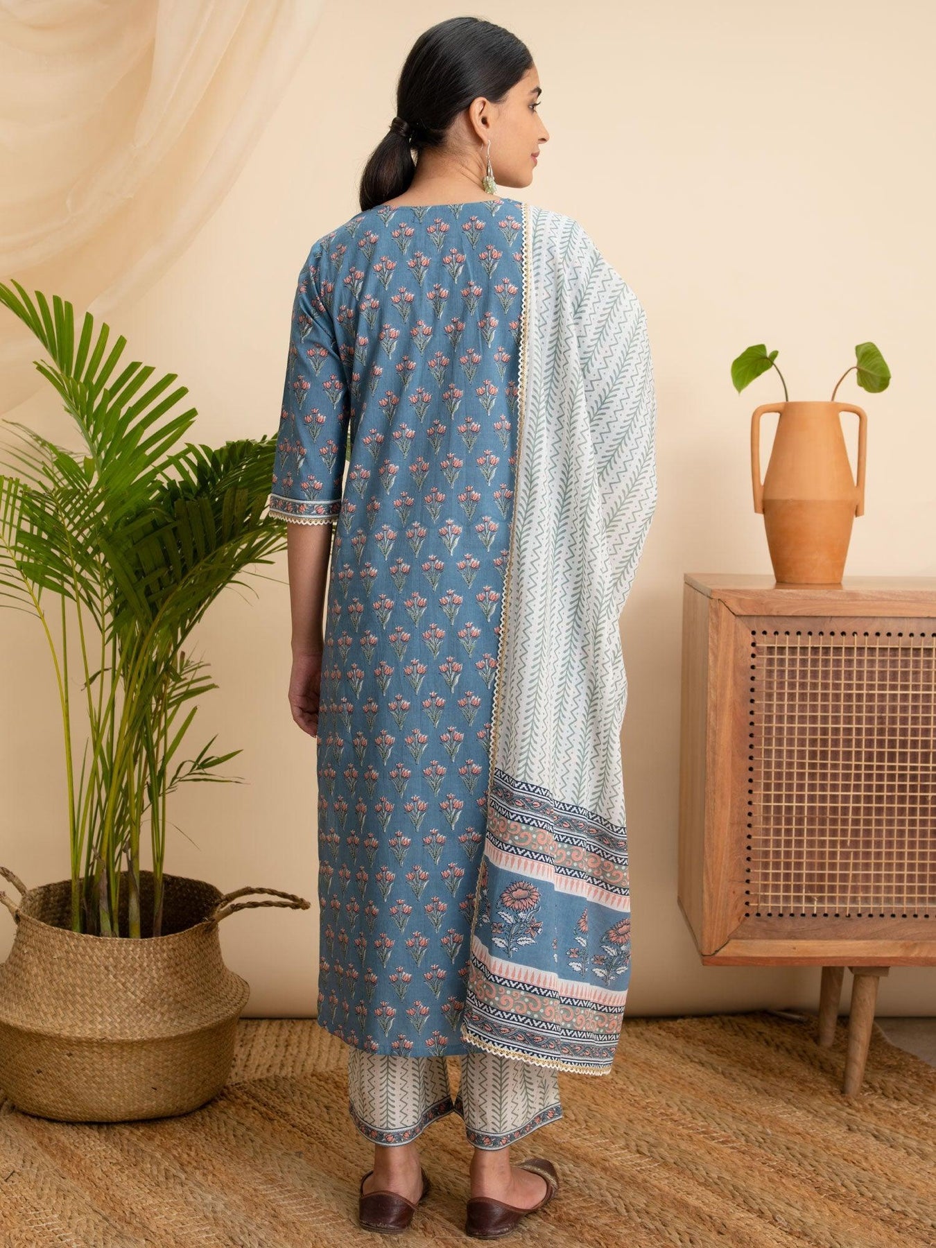 Blue Printed Cotton Straight Kurta With Palazzos & Dupatta