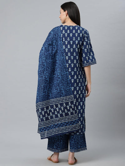 Blue Printed Cotton Straight Kurta With Palazzos & Dupatta