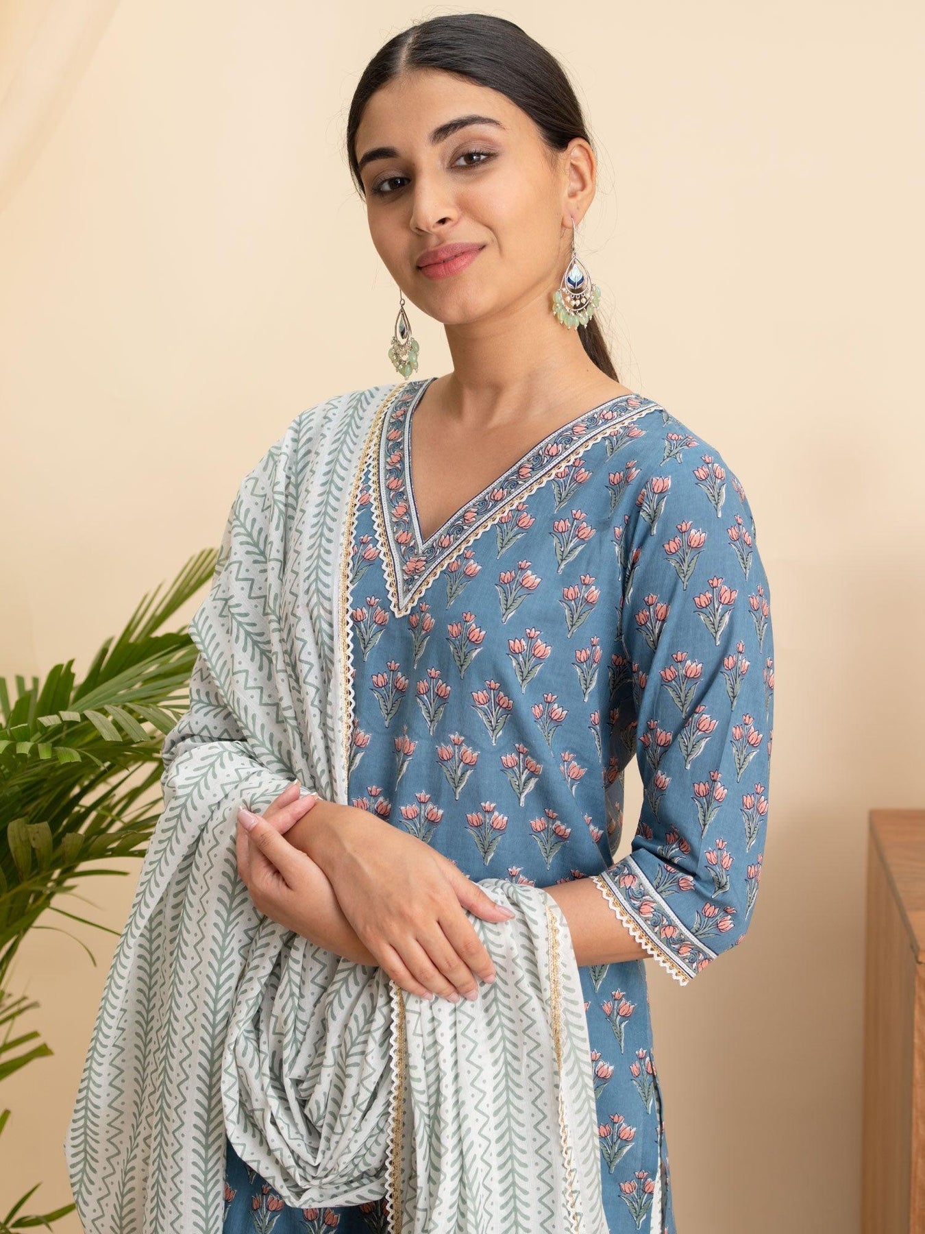 Blue Printed Cotton Straight Kurta With Palazzos & Dupatta