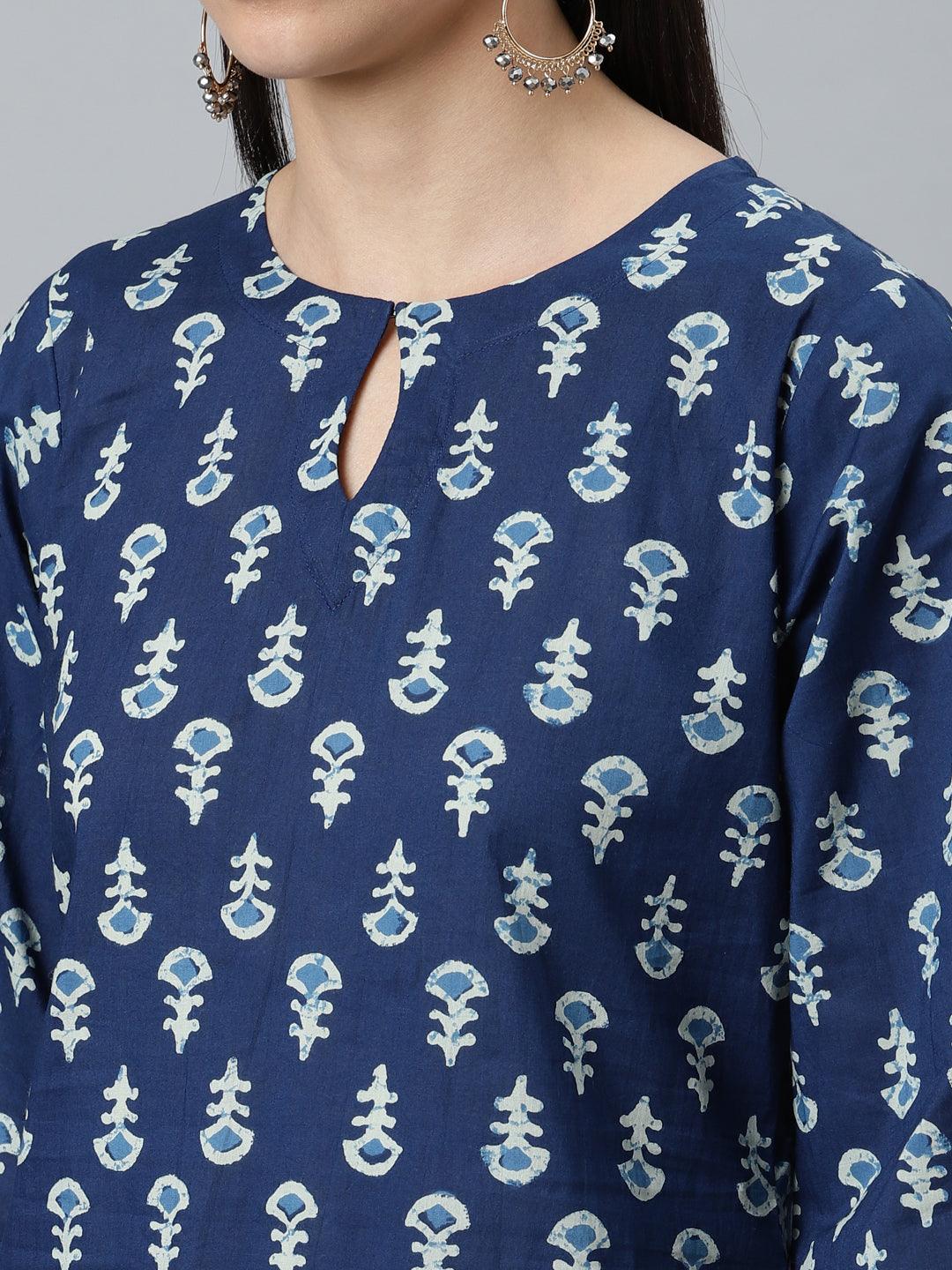 Blue Printed Cotton Straight Kurta With Palazzos & Dupatta