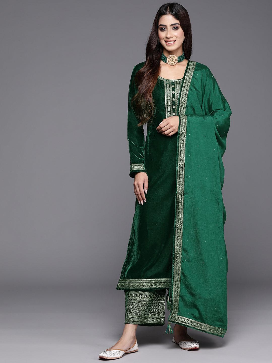 Green Yoke Design Velvet Straight Suit With Dupatta