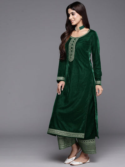 Green Yoke Design Velvet Straight Suit With Dupatta